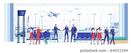 Team Aircraft Onboard Workers in Airport Hall. Team Aircraft Onboard Workers in Airport Hall. 64031594