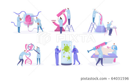 Scientist lab research, concept with tiny people cartoon characters, set isolated on white, vector illustration Scientist lab research, concept with tiny people cartoon characters, set isolated on white, vector illustration 64031596