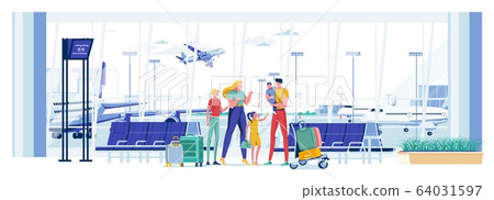 Family With Luggage in Front Panoramic Window. 64031597