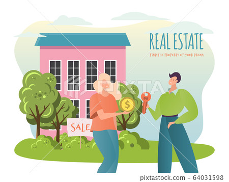 Sale property vector illustration, flat cartoon agent broker character sale house, people buy or rent new home, real estate agency concept Sale property vector illustration, flat cartoon agent broker character sale house, people buy or rent new home, real estate agency concept 64031598