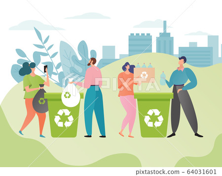 Recycle bin concept vector illustration, cartoon flat characters throwing trash waste, recycling rubbish garbage together, protect ecology 64031601