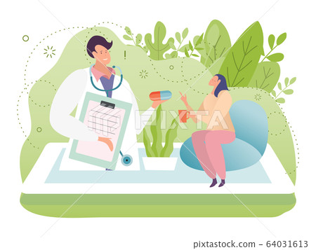 Online doctor consultation vector illustration, cartoon tiny woman patient character using app smartphone, consults with man physician 64031613