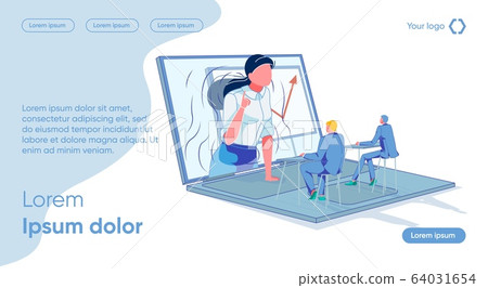 Female Boss from Laptop Screen Teaches Business. 64031654