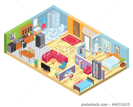 Isometric apartment layout, room interior in modern house, indoor plan view, vector illustration 64031655