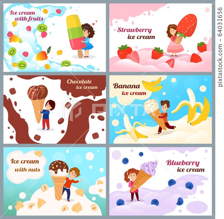 Child with ice cream vector illustration, cartoon tiny girl boy kid character holding icecream waffle cone, summer sweet food banner set 64031656