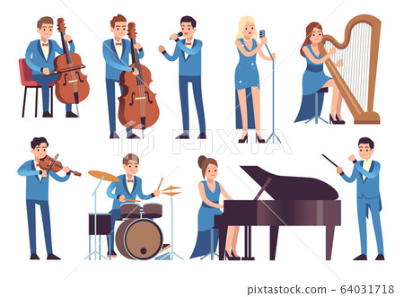 Classic musicians. Singers performing, symphony concert with orchestra instruments cello, piano and clarinet vector characters Classic musicians. Singers performing, symphony concert with orchestra instruments cello, piano and clarinet vector characters 64031718