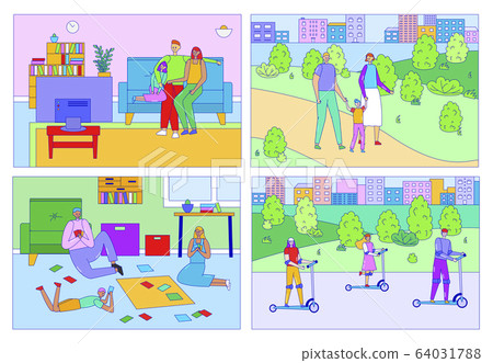 Happy family spend time together, people leisure at home and outdoor, parents and children vector illustration Happy family spend time together, people leisure at home and outdoor, parents and children vector illustration 64031788