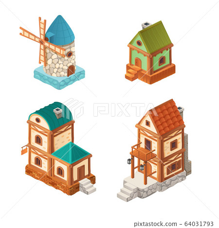 Isometric houses in retro style, vector illustration of cartoon one and two-story house, mill isolated on white for computer game 3d design. 64031793