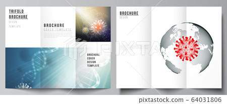 Vector layouts of covers design templates for trifold brochure, flyer layout, brochure cover, advertising mockups. 3d medical background of corona virus. Covid 19, coronavirus infection. Virus concept Vector layouts of covers design templates for trifold brochure, flyer layout, brochure cover, advertising mockups. 3d medical background of corona virus. Covid 19, coronavirus infection. Virus concept 64031806