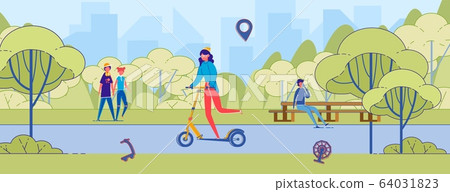 Cartoon Woman Riding Kick Scooter in City Park Cartoon Woman Riding Kick Scooter in City Park 64031823