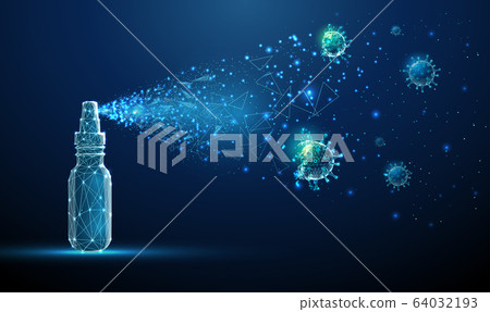 Hand sanitizer breaking down molecule of Coronavirus. 64032193