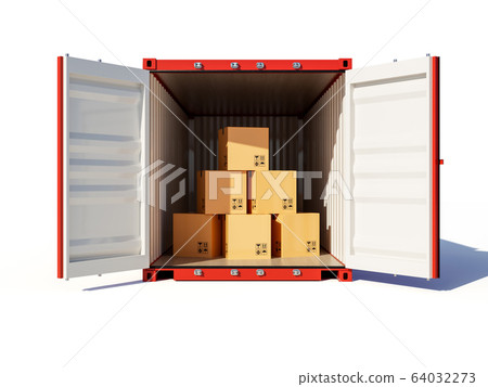 Opened cargo container with cardboards Opened cargo container with cardboards 64032273