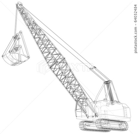 Dragline walking excavator. Vector rendering of 3d. Wire-frame style. The layers of visible and invisible lines are separated Dragline walking excavator. Vector rendering of 3d. Wire-frame style. The layers of visible and invisible lines are separated 64032484