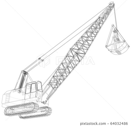 Dragline excavator. The layers of visible and invisible lines are separated. The layers of visible and invisible lines are separated. Wire-frame outline Dragline excavator. The layers of visible and invisible lines are separated. The layers of visible and invisible lines are separated. Wire-frame outline 64032486