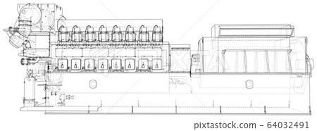 Generator. Diesel and gas industrial electric generator. The layers of visible and invisible lines are separated. Wire-frame outline 64032491