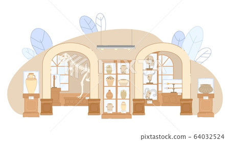 Museum with Extinct Animal Skull Ancient Pottery 64032524