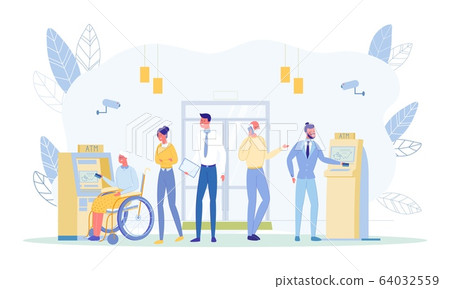 People Waiting in Line to Draw Money from ATM. People Waiting in Line to Draw Money from ATM. 64032559