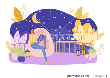Girl and Romantic Night Atmosphere on Home Terrace Girl and Romantic Night Atmosphere on Home Terrace 64032621