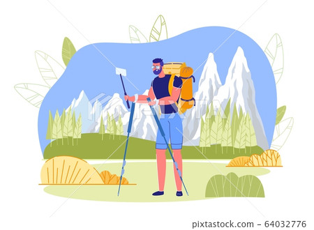 Man in Mountain making Selfie or Blog Broadcast. 64032776