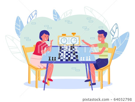 Kids Characters Playing Chess in Club or School. 64032798