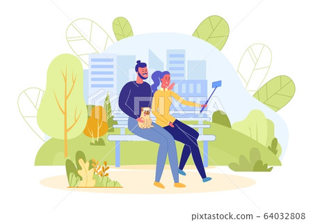 Couple makes Selfie using Mobile Device in Park. 64032808