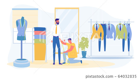 Guy and Dressmaker Taking Measurement in Salon 64032835