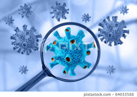 Covid virus cell view through a magnifying glass 64033588