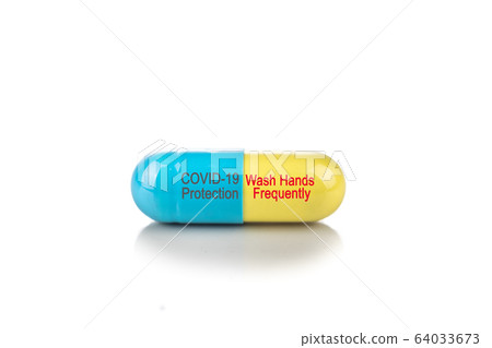 Conceptual Covid-19 protection capsule with Wash Hands Frequently Conceptual Covid-19 protection capsule with Wash Hands Frequently 64033673