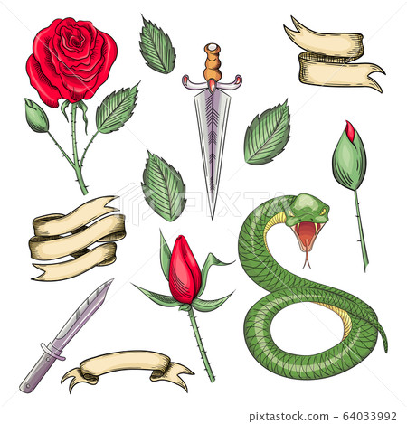 Set of elements for tattoos or stickers, prints in the old school style 64033992