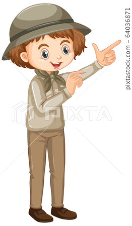 Girl in safari outfit pointing finger on white Girl in safari outfit pointing finger on white 64036871