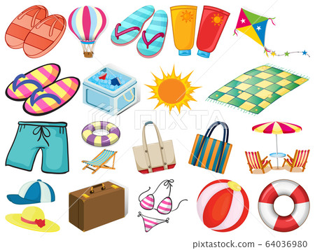 Large set of different summer objects on white 64036980