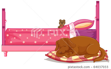 Scene with brown dog sleeping by the bed 64037033