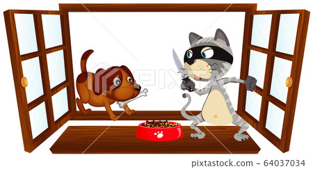 Window scene with thief cat and dog 64037034
