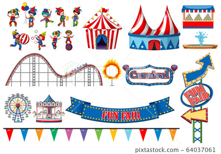 Large set of circus rides and clowns on white Large set of circus rides and clowns on white 64037061
