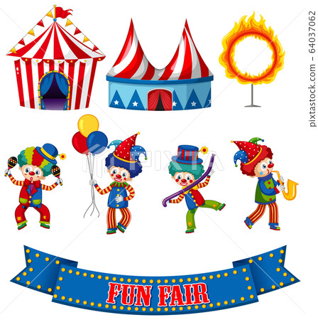 Set of circus clowns and tents on white background - Stock Illustration ...