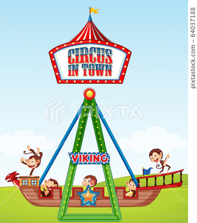 Scene with happy monkeys riding on viking ship in Scene with happy monkeys riding on viking ship in 64037188