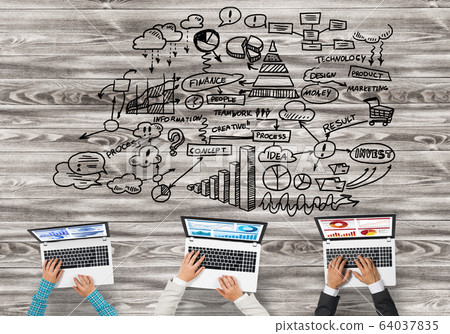 Top view of businesspeople sitting at table and using gadgets Top view of businesspeople sitting at table and using gadgets 64037835