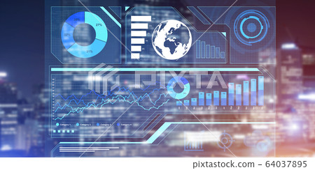 Financial consulting and analytics concept with infographs on screen and cityscape at background 64037895