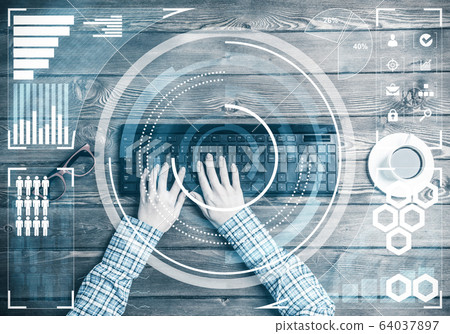 Business workplace with computer keyboard coffee cup and media g 64037897