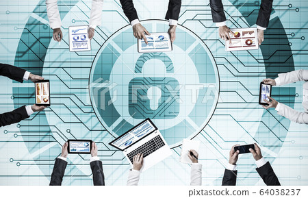 Top view of businesspeople sitting at table and using gadgets Top view of businesspeople sitting at table and using gadgets 64038237