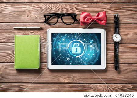 Gentleman kit of tablet watch glasses and notebook on wooden table Gentleman kit of tablet watch glasses and notebook on wooden table 64038240