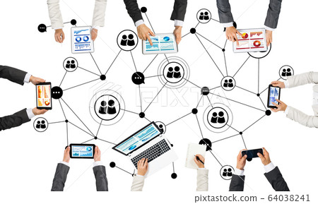 Top view of businesspeople sitting at table and using gadgets Top view of businesspeople sitting at table and using gadgets 64038241