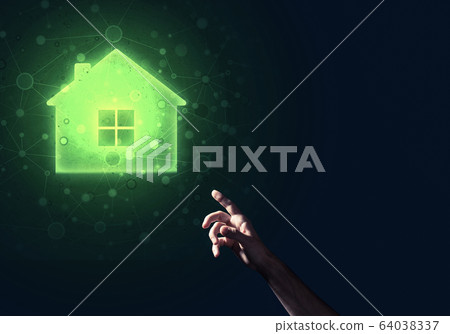 Conceptual image with hand pointing at house or main page icon o Conceptual image with hand pointing at house or main page icon o 64038337
