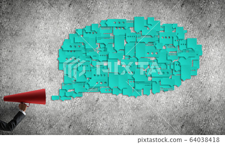Hand of businesswoman holding red paper trumpet and speech cloud Hand of businesswoman holding red paper trumpet and speech cloud 64038418