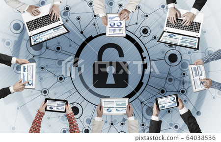 Top view of businesspeople sitting at table and using gadgets 64038536