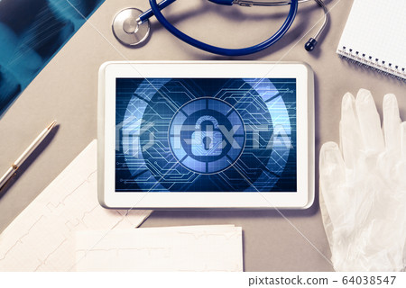 Web security and technology concept with tablet pc on table Web security and technology concept with tablet pc on table 64038547