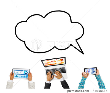 Top view of businesspeople sitting at table and using gadgets Top view of businesspeople sitting at table and using gadgets 64038613