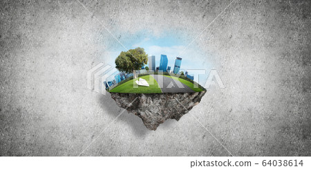 Modern cityscape with towers and skyscrapers on green part of land Modern cityscape with towers and skyscrapers on green part of land 64038614