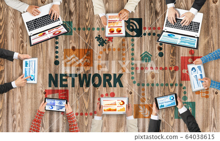Top view of businesspeople sitting at table and using gadgets 64038615