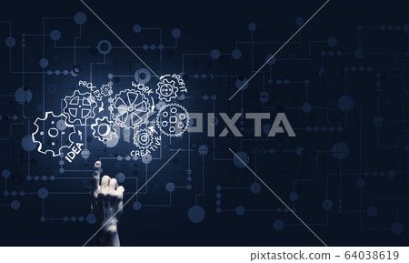Glowing cogwheel mechanism icon on dark background as symbol of Glowing cogwheel mechanism icon on dark background as symbol of 64038619
